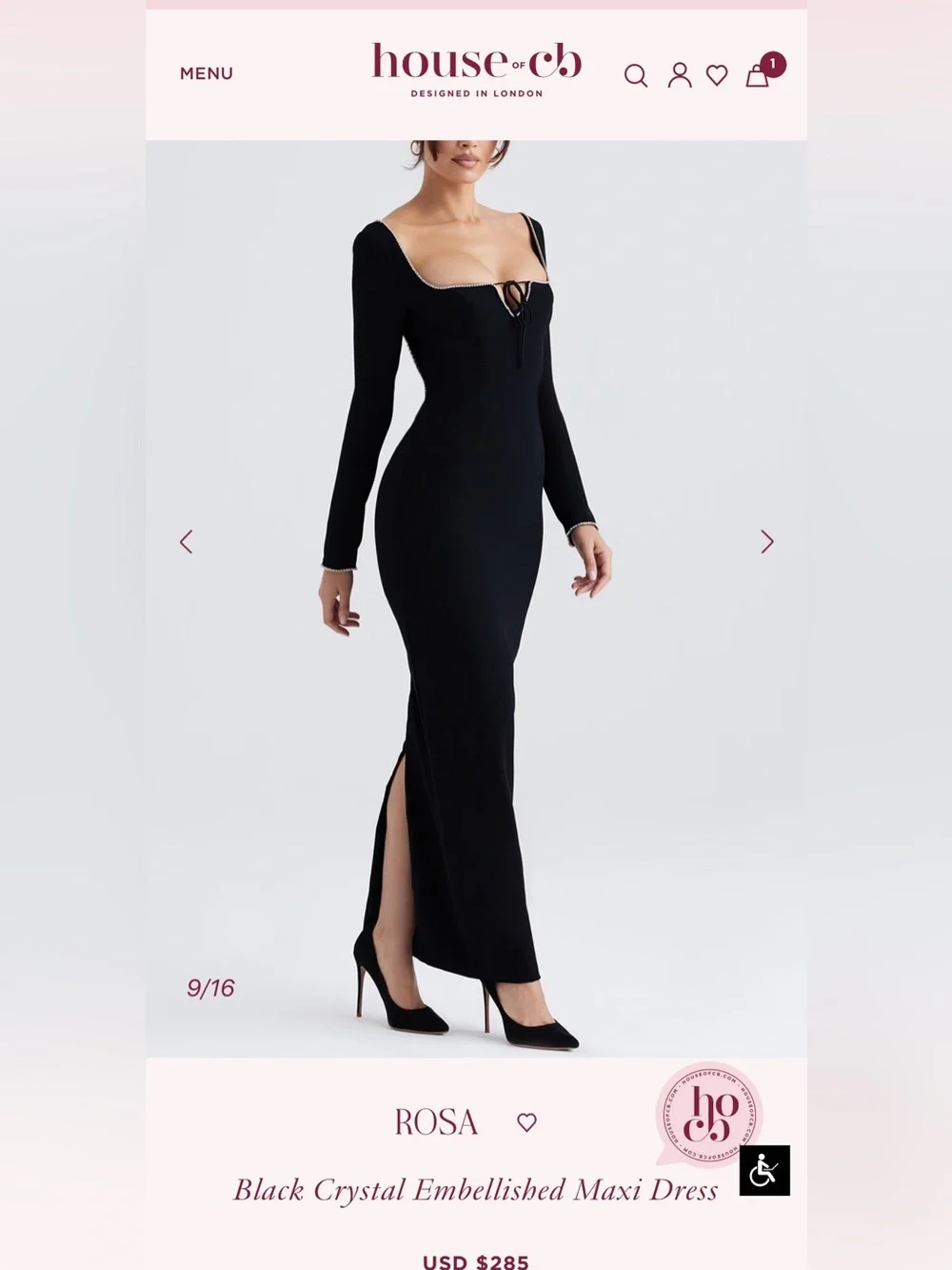 House of CB “Rosa” Dress  Black Crystal Embellished Maxi